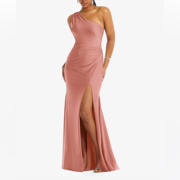 CYNTHIA & SAHAR CS104 ONE-SHOULDER COWL BACK SATIN MERMAID DRESS DESERT ROSE - Picture 2 of 10